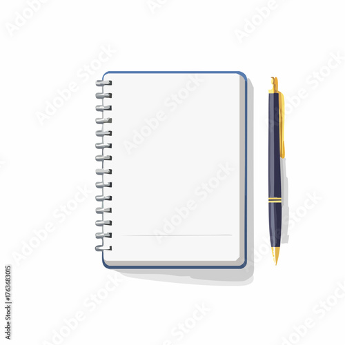 Notebook with spiral binding and ballpoint pen on a white background