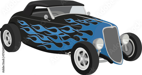Vintage style black hot rod roadster featuring bold blue flame graphics