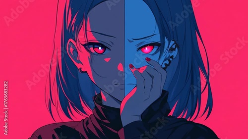 Animated looping anime style person with glowing eyes half monster
