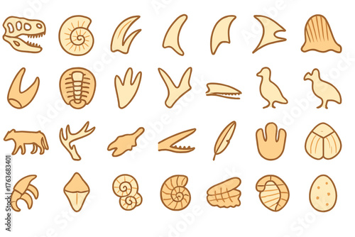 Seamless dinosaur fossils and prehistoric icons pattern on amber backdrop