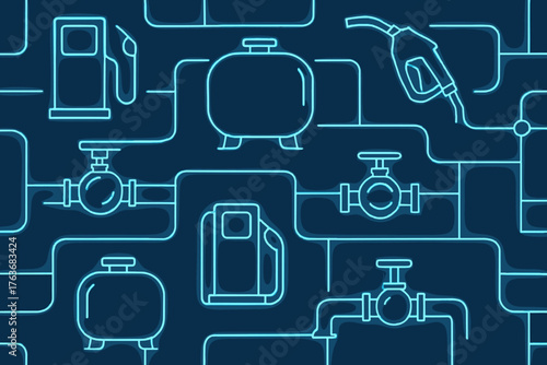 Neon seamless pattern of fuel pumps, tanks, and valves