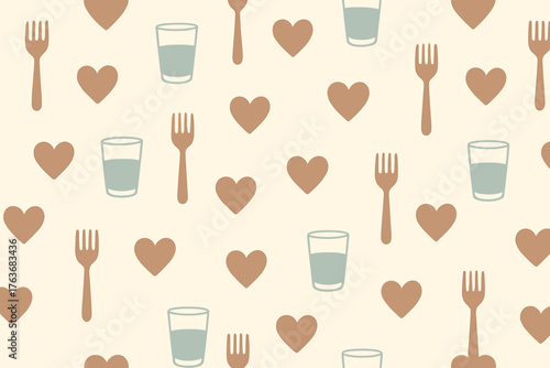 Minimalist food and love pattern with forks, hearts, and glasses