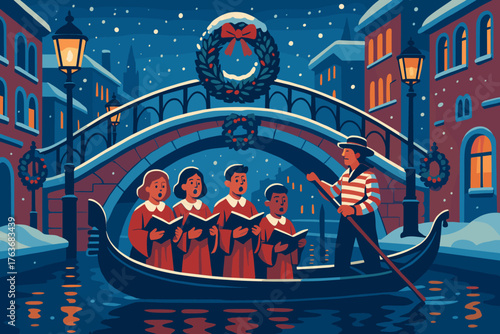 Christmas carolers on gondola ride through festive canal town
