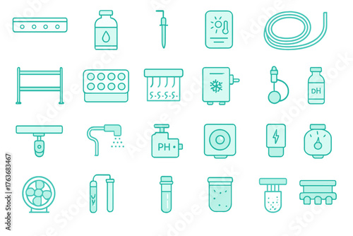 Hydroponics system icon set with nutrients, sensors, and tools