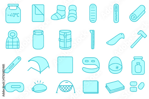 Minimal winter camping icon set with gear and safety essentials