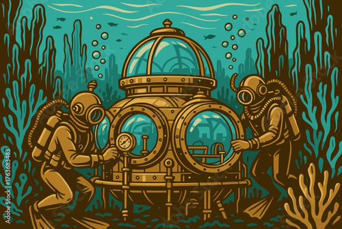 Vintage divers operating underwater research dome illustration