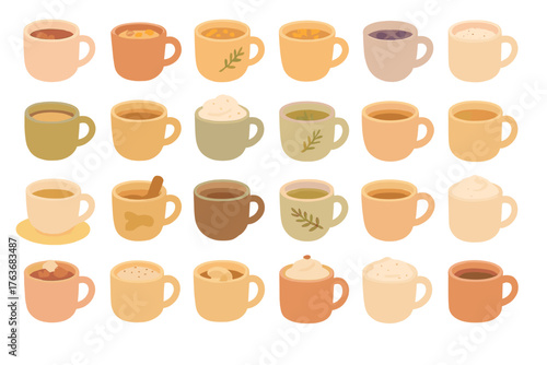 Soft illustrated mug set with warm seasonal drinks and toppings