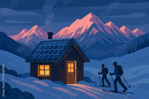 Remote winter cabin at nightfall with solar panels and arriving skiers