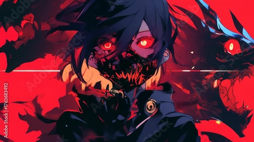 Animated looping anime style person with glowing eyes half monster
