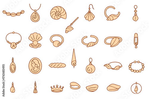 Elegant shell and jewelry icon set with hand-drawn warm style