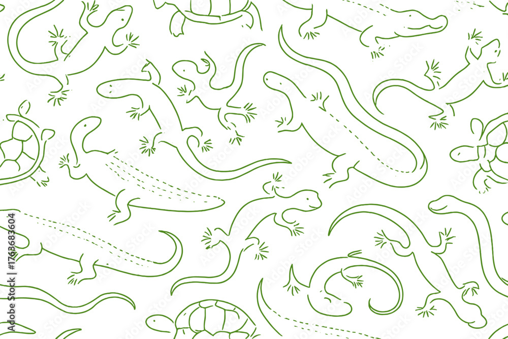 Fototapeta premium Seamless green background with outlined reptiles and turtles