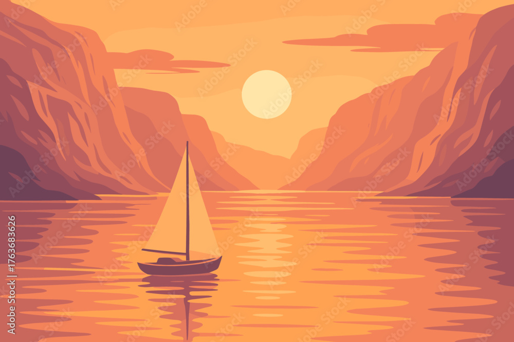 Naklejka premium Golden Sunset Sailing Illustration – Tranquil Sailboat Journey Through Mountain Fjord with Warm Reflections