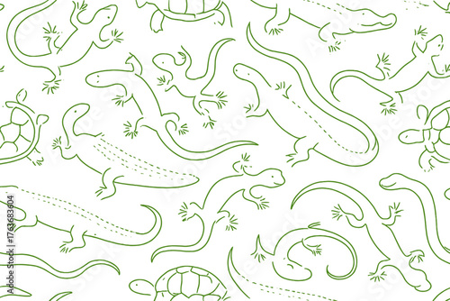Seamless green background with outlined reptiles and turtles