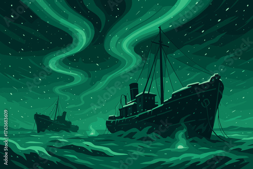 Arctic ships drifting under snowy sky and aurora lights