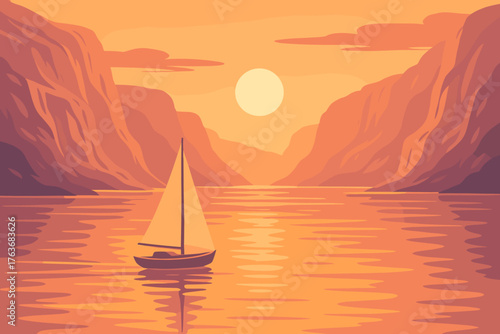 Golden Sunset Sailing Illustration – Tranquil Sailboat Journey Through Mountain Fjord with Warm Reflections
