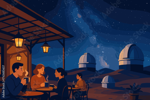 Night Café at Observatory – People Enjoying Hot Drinks Under Starry Milky Way Sky with Telescopes and Lantern Lighting