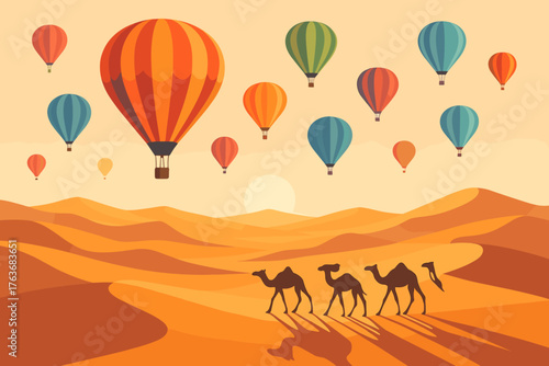 Hot air balloons and camels over desert dunes at sunrise