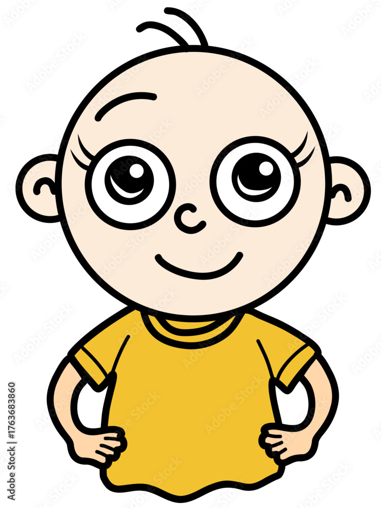 Obraz premium Cute cartoon illustration of a smiling child wearing a yellow t-shirt, standing confidently with his hands on his hips.