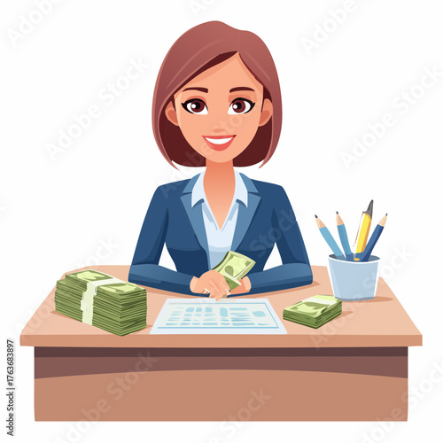 Professional woman counting money at desk vector illustration