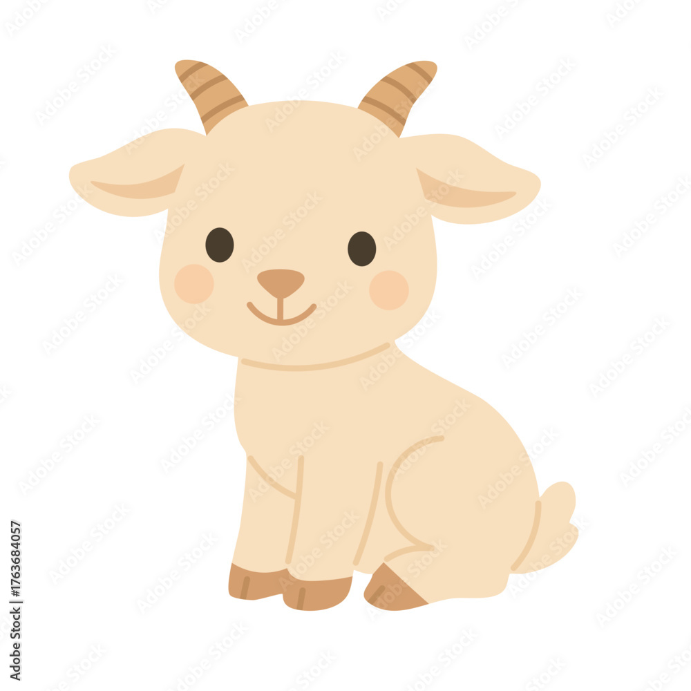 Fototapeta premium Cute baby goat sitting in soft flat style for children design and decorative illustration.