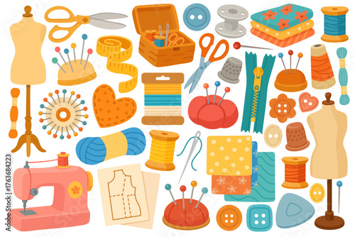 Set of sewing tools in soft flat style with threads, scissors, mannequins, pins and buttons.