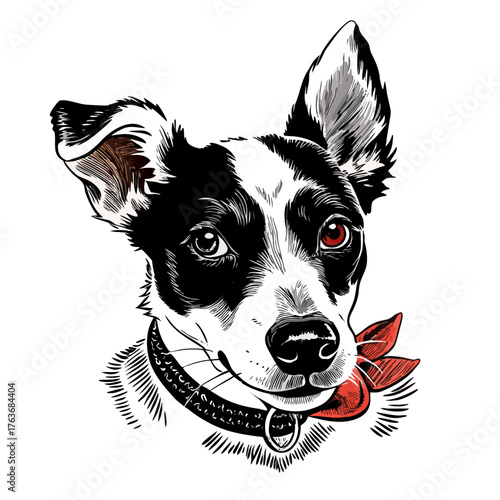 Artistic Hand-Drawn Dog Portrait with Red Collar Accent