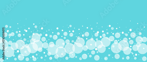 Foam bubble background, water bath pattern, cartoon soap. Wash or soda, sea or shampoo border. Blue and white transparent frame. splash icon. Abstract vector illustration