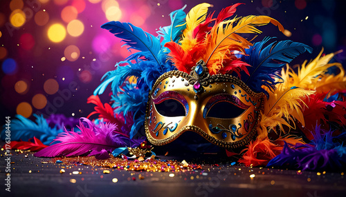 Carnival of Brazil, colorful feathers, glitter and carnival mask on dark background, vivid festive lighting