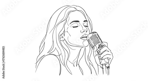 Expressive continuous line drawing of a woman singer performing into a microphone, a minimalist artistic illustration capturing the essence of music and vocal talent