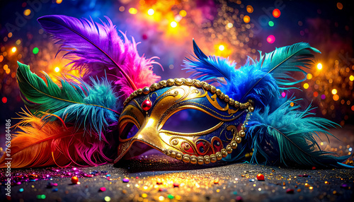 Carnival of Brazil, colorful feathers, glitter and carnival mask on dark background, vivid festive lighting
