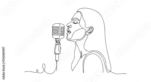 Continuous Line Drawing of a Woman Singing into a Microphone for Music