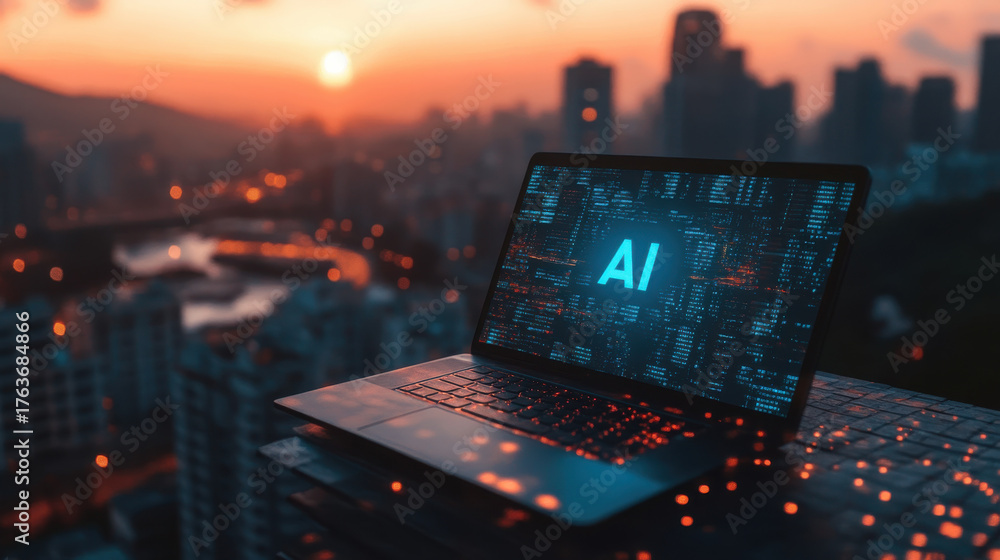 Naklejka premium Laptop displaying AI on screen is set against vibrant cityscape at sunset, symbolizing integration of technology and urban life. scene conveys futuristic and innovative atmosphere
