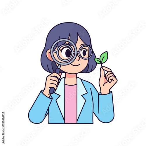 Botanist with Magnifying Glass Inspecting Plant Specimen