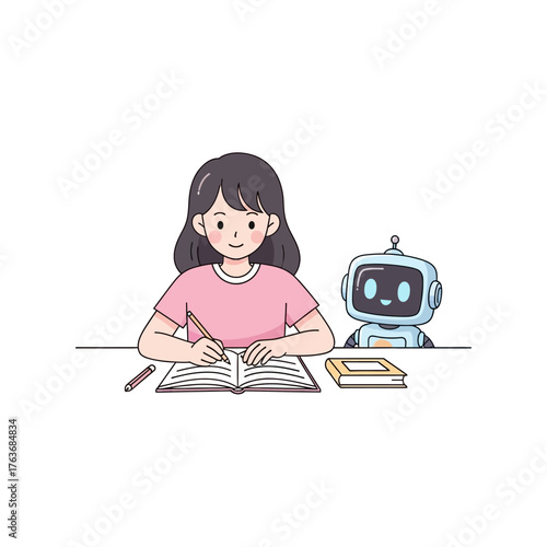 Girl Studying with a Robot AI and Education Concept - Learning, Technology, and Future