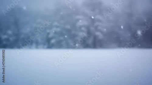 Gentle snowfall over a serene winter landscape with blurred trees background