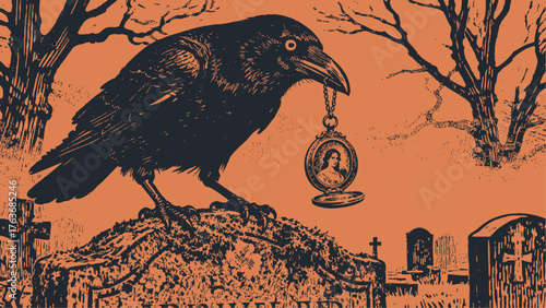 A gothic raven perches on a tombstone in a cemetery, holding a locket with a woman's portrait. Vintage vector illustration for Halloween or horror concepts.