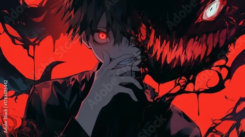 Animated looping anime style person with glowing eyes half monster