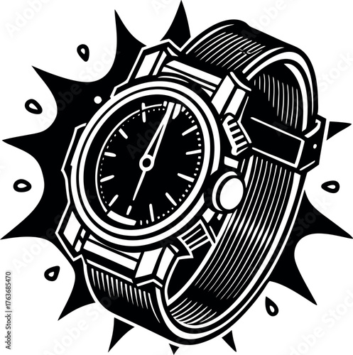 Funny smart wristwatch concept that shocks or vibrates when the wearer uses bad words or swears — creative technology illustration symbolizing behavior control