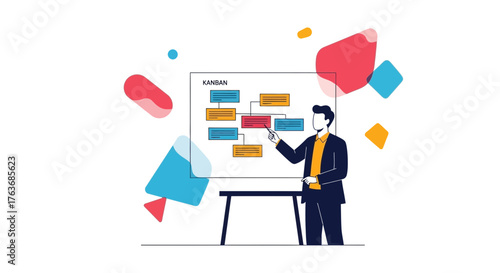 A business professional presenting a kanban board, project management illustration
