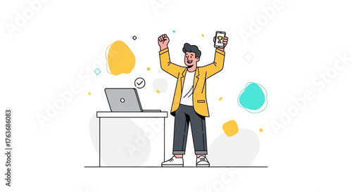 A man celebrates achievement holding a phone with laptop beside in success concept vector illustration
