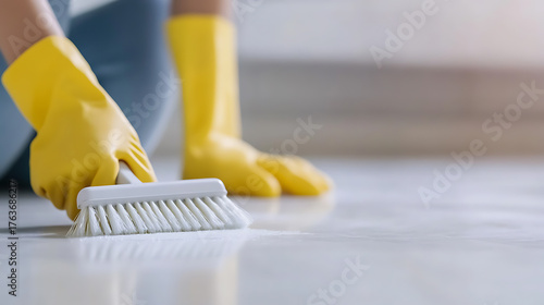 Person in yellow rubber gloves and boots cleaning a white floor with a scrub brush. Bright and clean. The focus on hygiene and maintaining a spotless home environment.