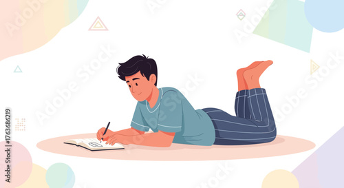 A Young Man Lying On Floor is writing on a notebook, illustrating study and leisure activity