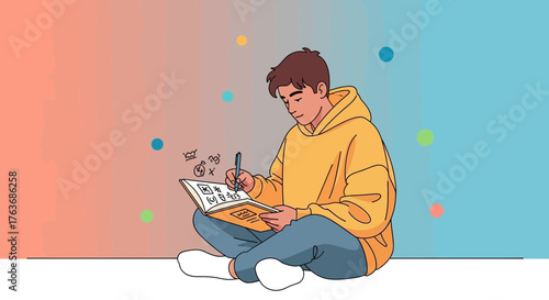 A young man sitting down and writing as he makes notes in a notebook or diary