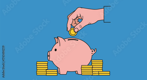 Piggy bank savings concept hand putting coin in money illustration vector