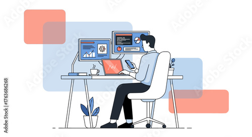 A man working on his computer with a laptop and big monitors in the office workspace