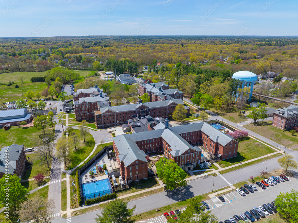 Fototapeta premium Taunton State Hospital aerial view. This hospital is a public psychiatric hospital in city of Taunton, Bristol County, Massachusetts MA, USA. 