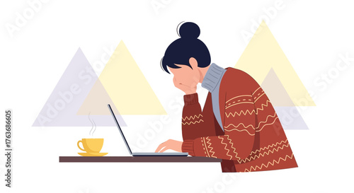 A woman working on laptop looks exhausted with coffe in vector illustration style