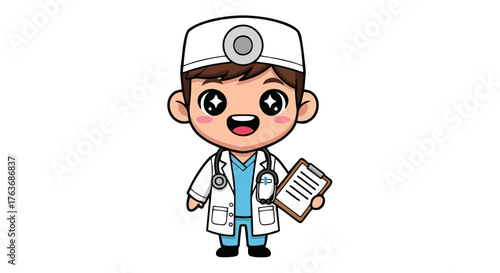 Cute cartoon doctor holding clipboard ready for work and checkups.