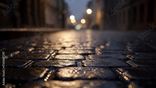 Wet Cobblestone Street Under Lamp Light with Cinematic Urban Silence