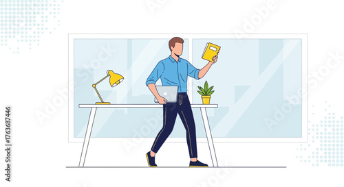 Businessman holding notebook and laptop in the office  cartoon illustration in office setting